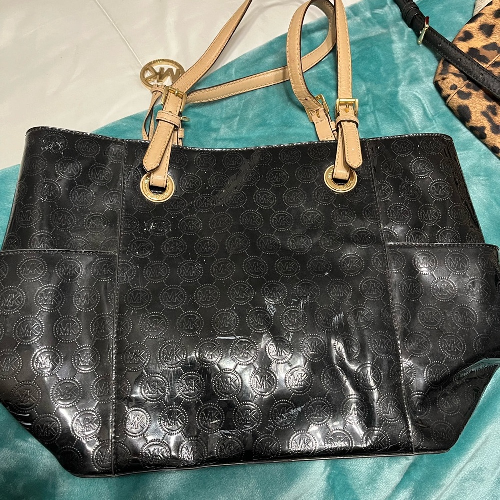 Michael kors black vinyl tote bag with tan handles